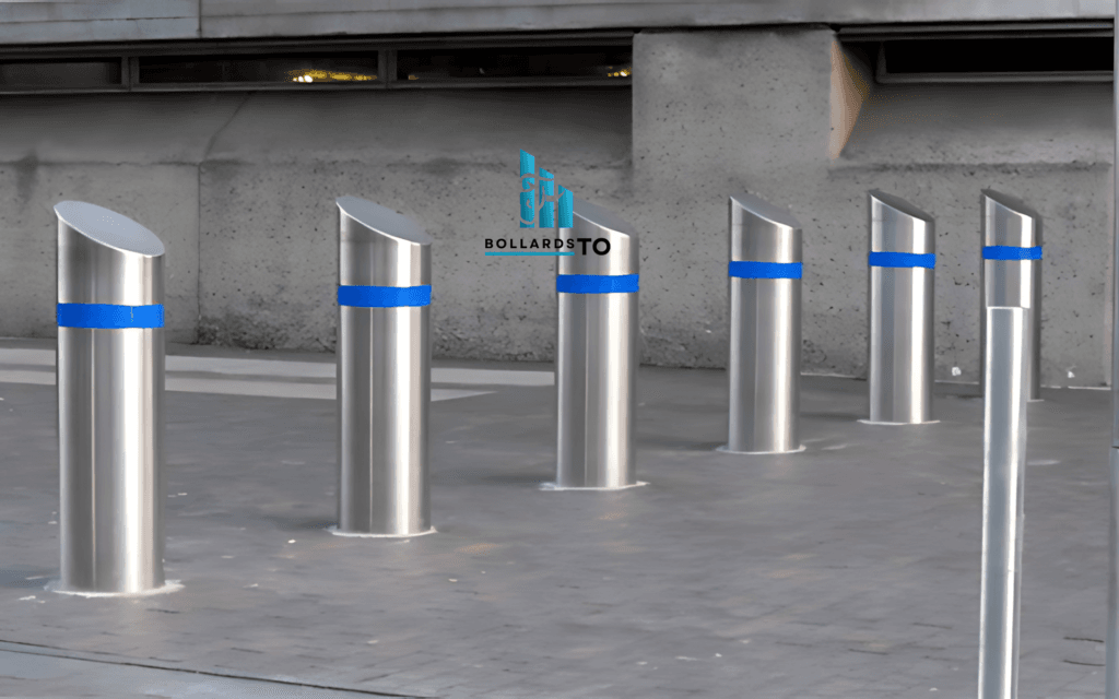 Automatic retractable bollards with blue reflector stripes in an urban setting.