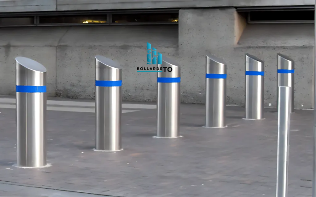 Automatic retractable bollards with blue reflector stripes in an urban setting.