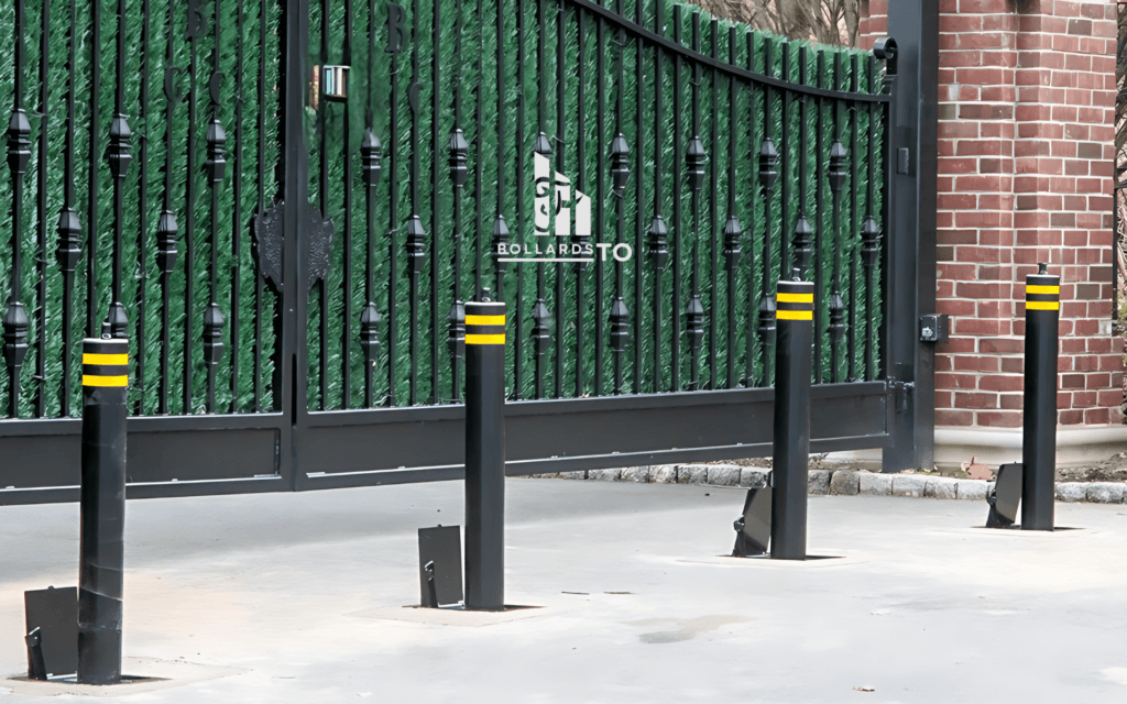 Manual retractable bollards in front of a gated entrance