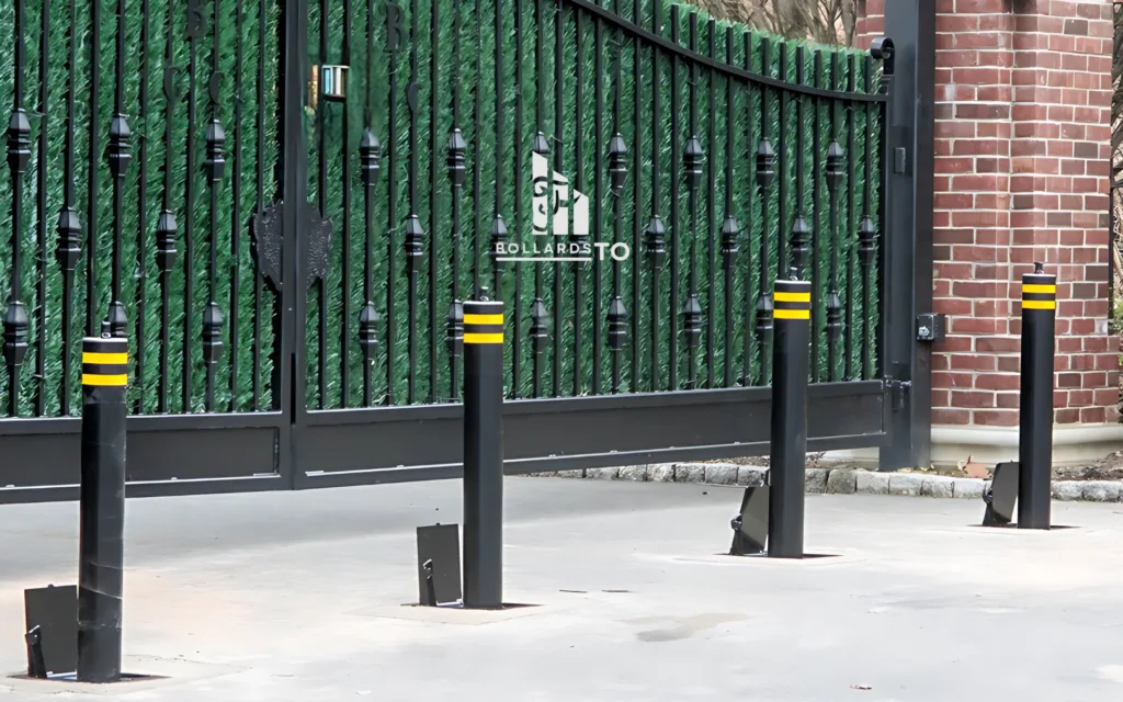 Manual retractable bollards in front of a gated entrance