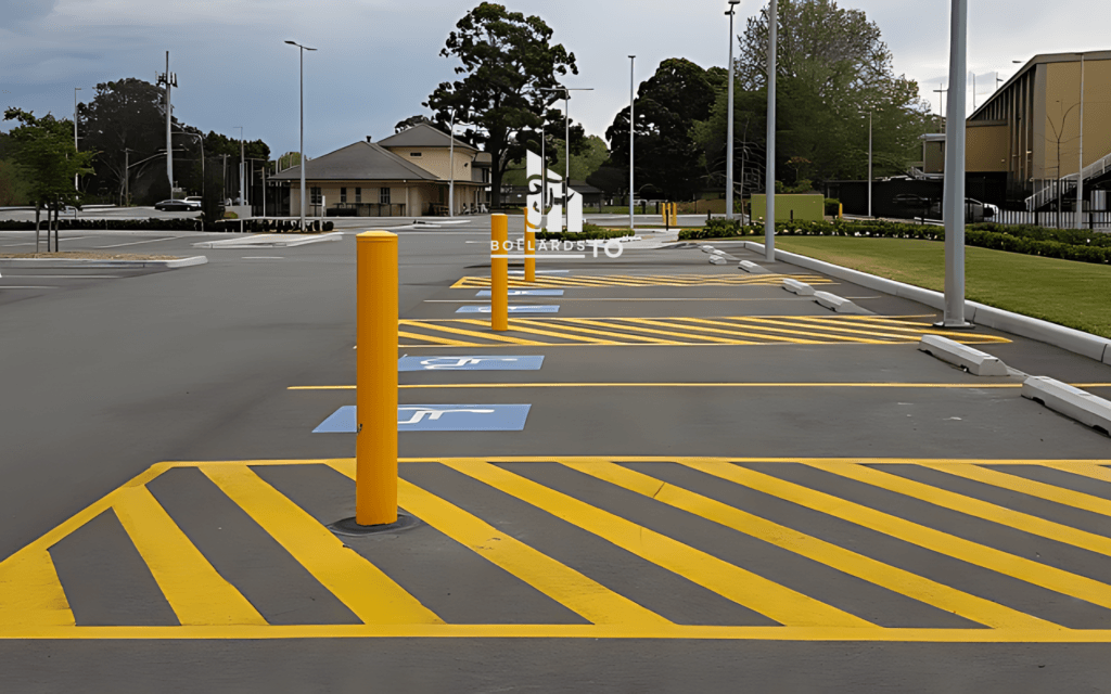 Fixed yellow bollards in a parking lot for enhanced security and traffic control.