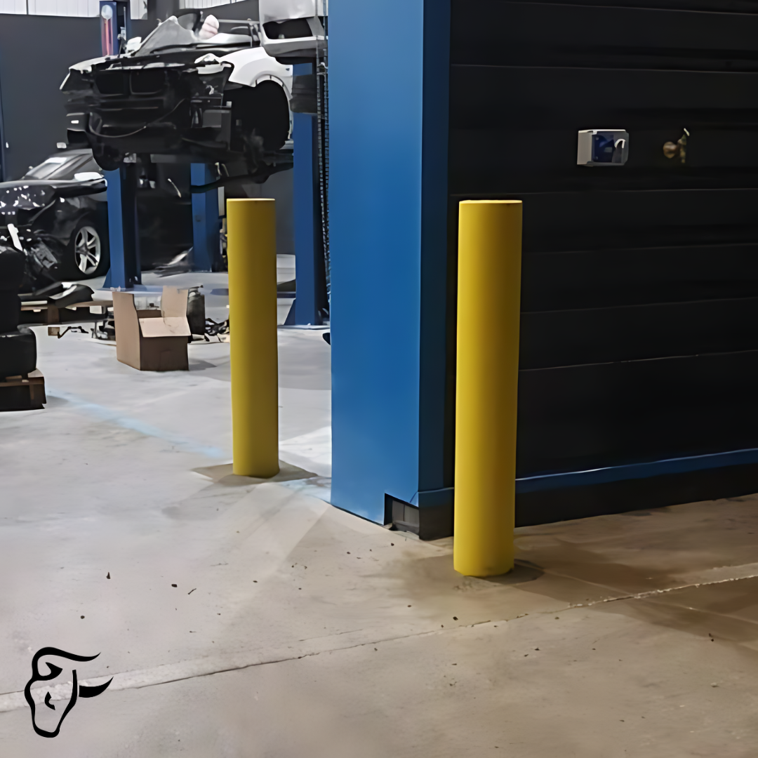 Yellow fixed bollards in an auto repair shop for protection and safety