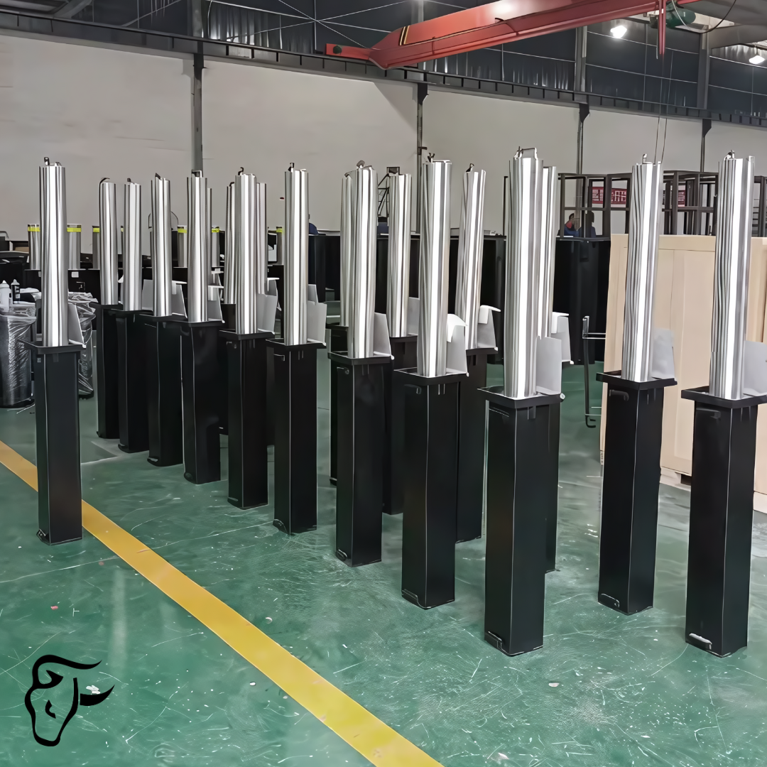 Row of manual retractable bollards in a warehouse.