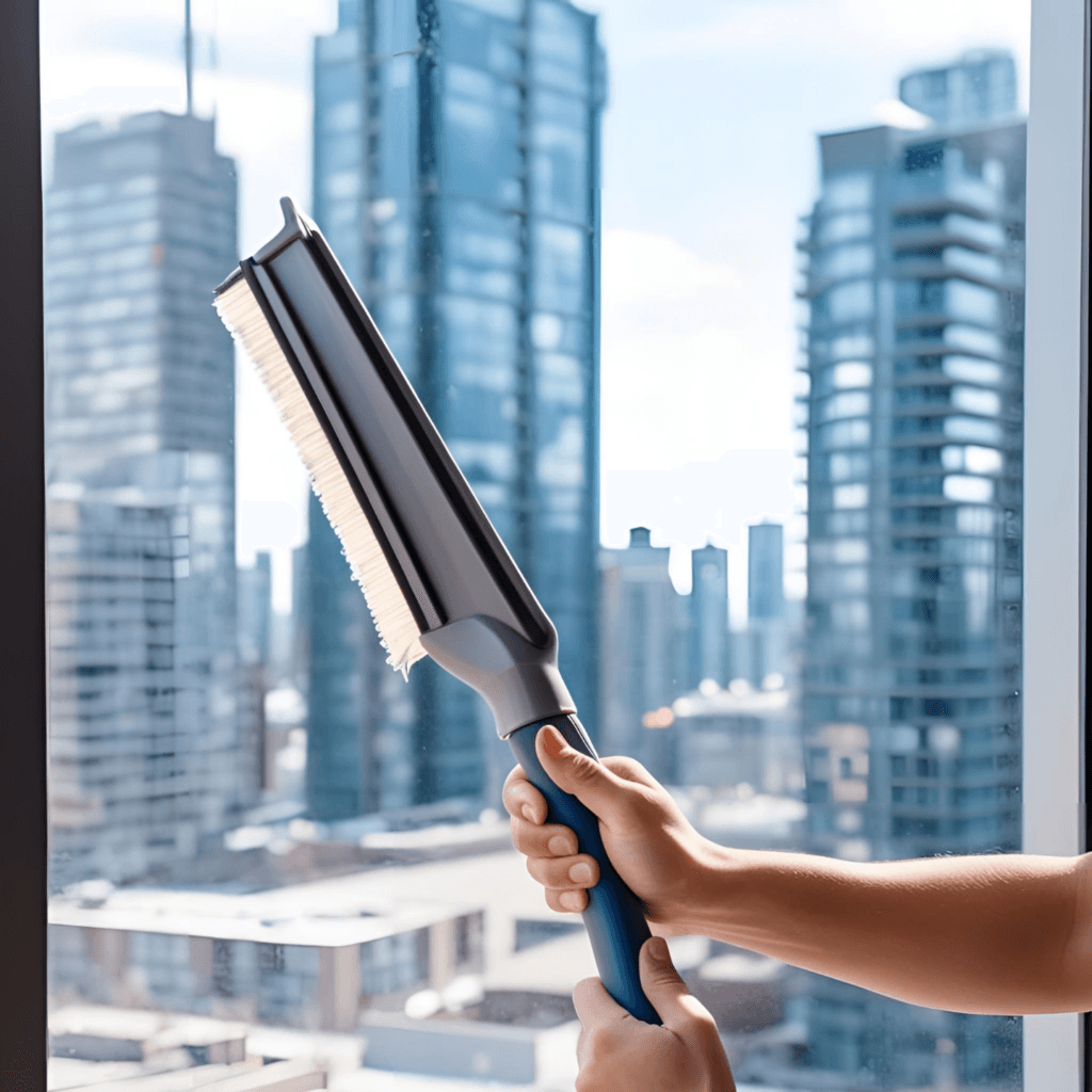 Professional window cleaner using a squeegee on a Toronto building with a cityscape background, offering top-quality window cleaning services in Toronto.
