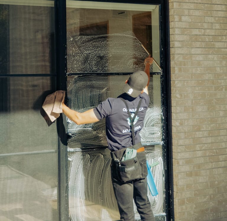 Outwash technician washing a ground-floor window by hand