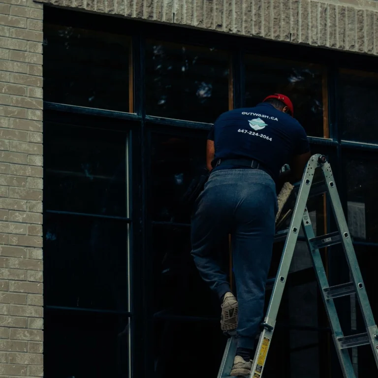 Outwash technician on a ladder cleaning a window