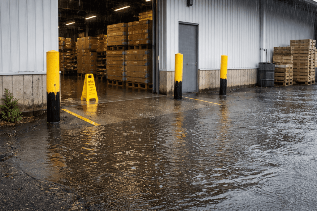 Flooded warehouse walkway and entrance during heavy rainfall