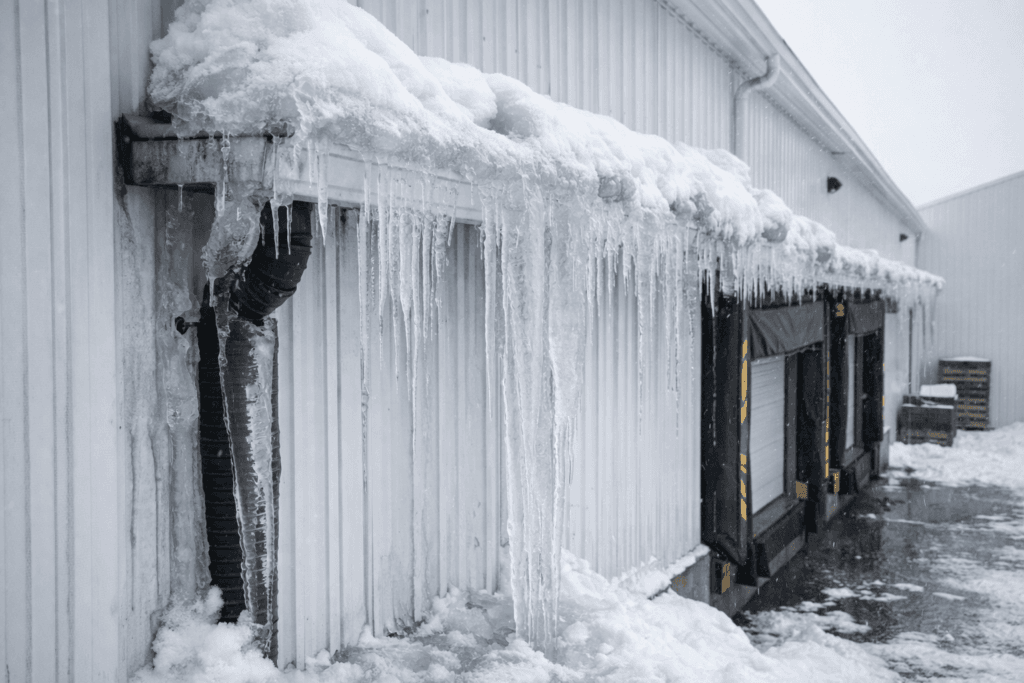 Ice buildup and ice dams on warehouse gutters during winter