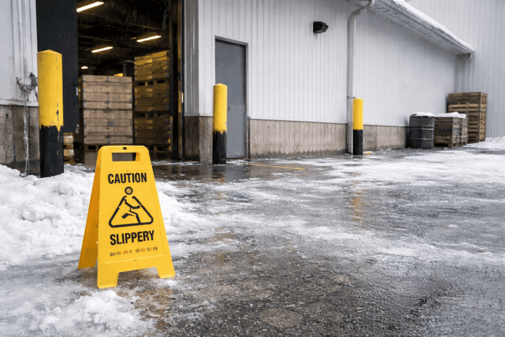 Slip-and-fall hazard near warehouse loading area