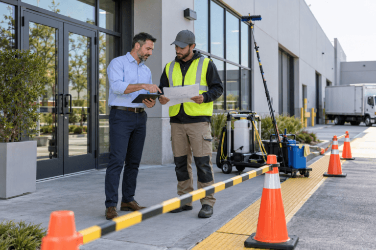 Facility manager coordinating industrial window cleaning safety and scheduling