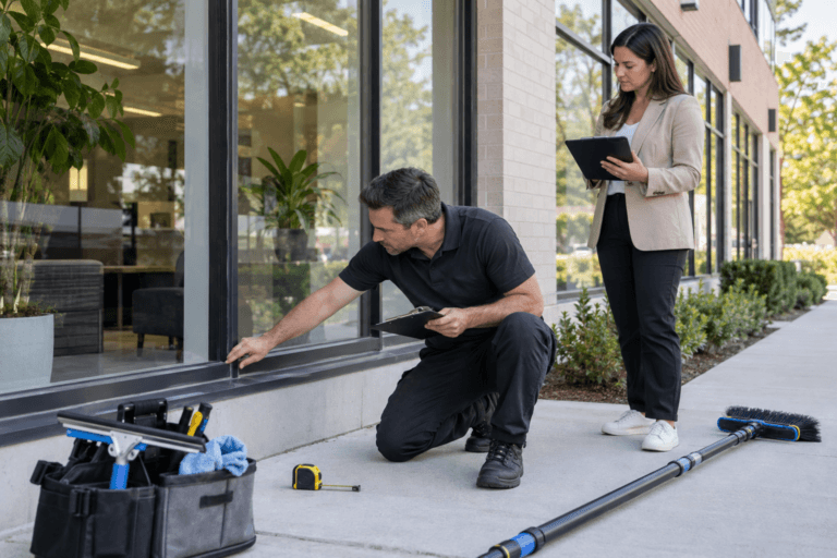 Property manager asking commercial window cleaning questions during a building inspection