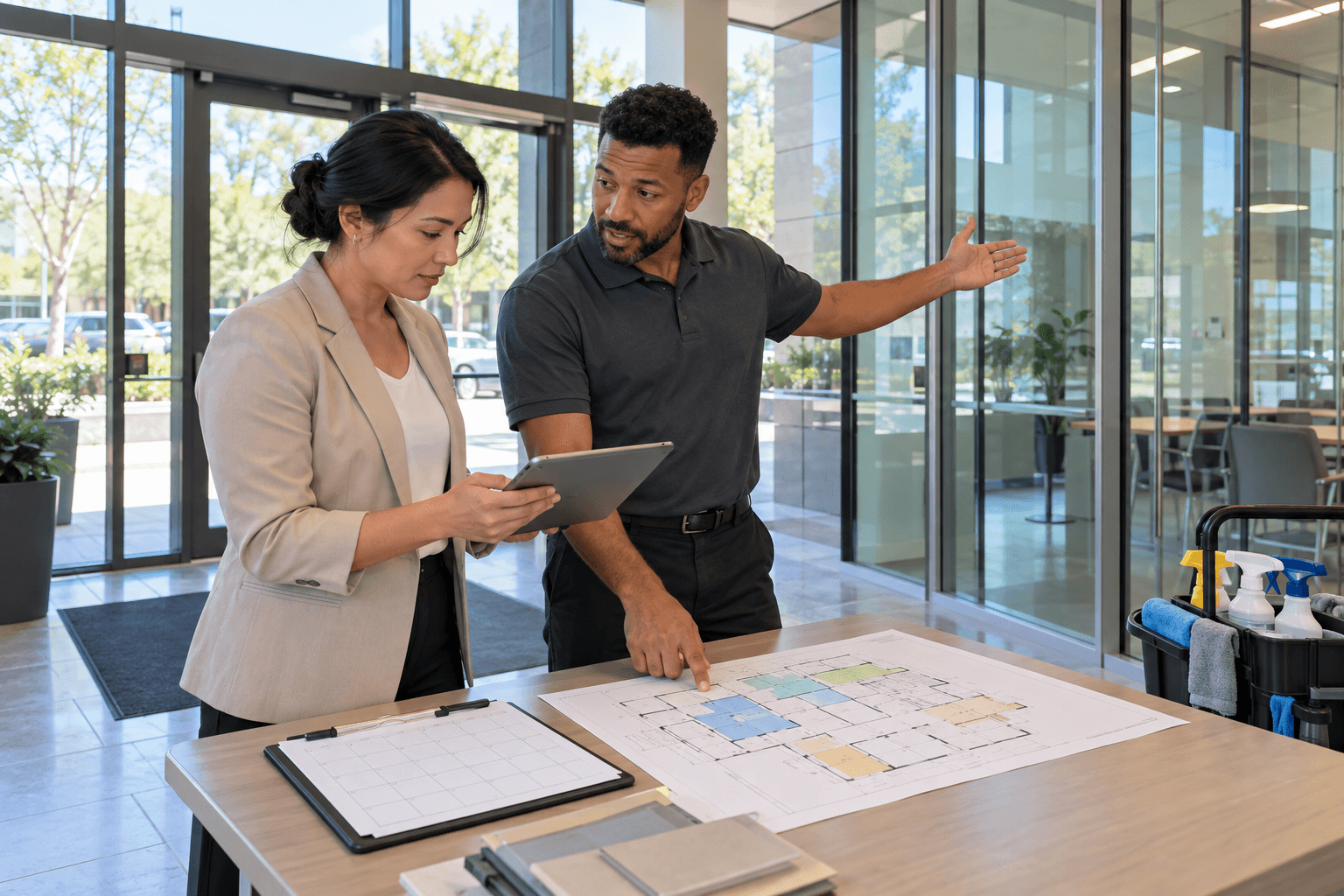Property manager reviewing a commercial window cleaning schedule