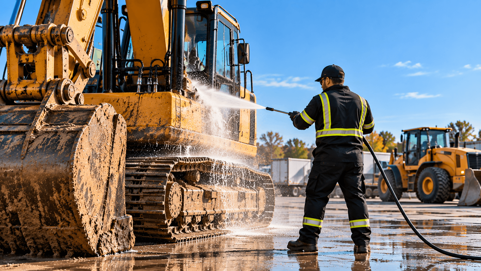 Heavy equipment pressure washing at a Toronto industrial jobsite
