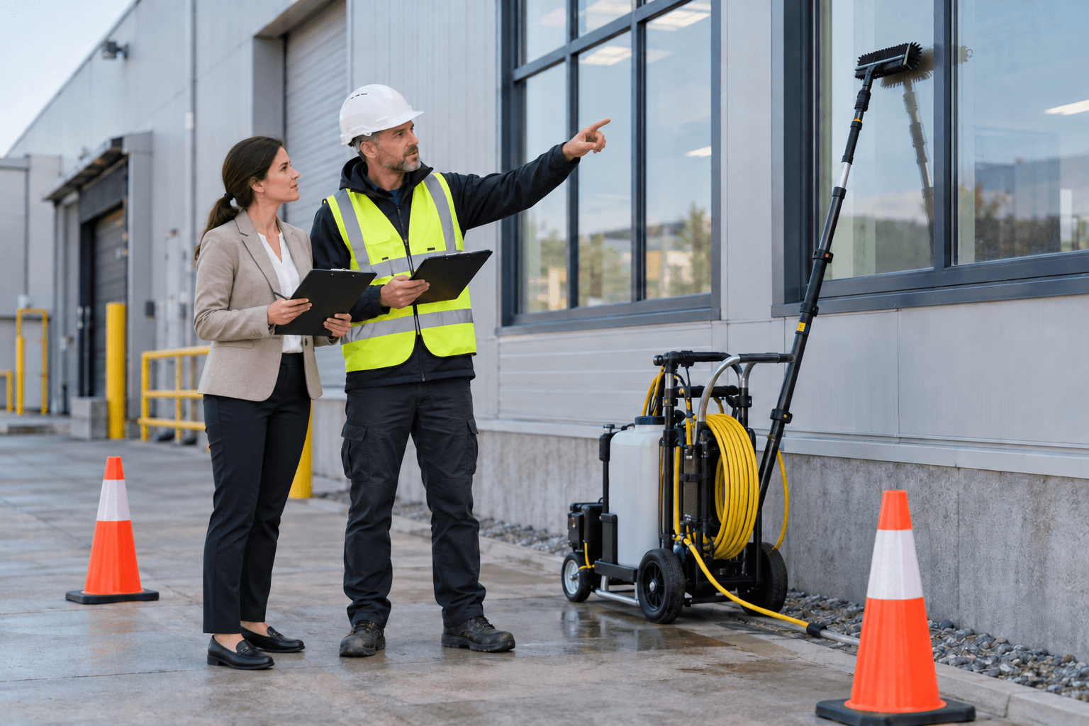 Facility manager reviewing industrial window cleaning safety and scheduling with a contractor