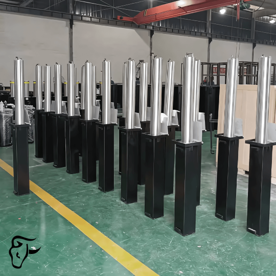 manual-bollardsTO-Full Row of manual retractable bollards in a warehouse.