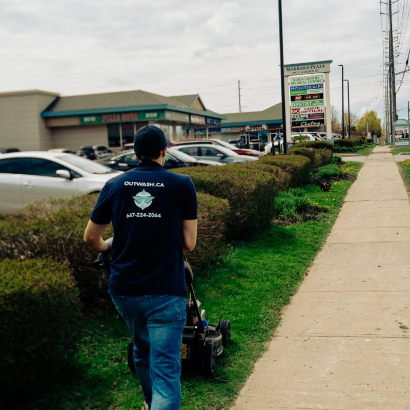 Commercial landscaping maintenance at a retail plaza in Toronto